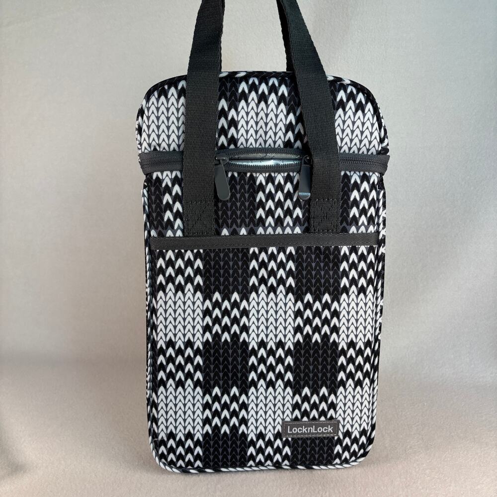 LocknLock Insulated 2 Bottle Wine Carrier Tote, Black White Houndstooth, NEW